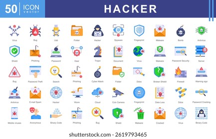 Conjunto de colección de icono de hacker. Contiene computadoras, código, ciberseguridad, software, actividad de hackers, virus de gusano, hacking, phishing, cifrado. Perfecto para proyectos tecnológicos, App en seguridad, ficción digital.
