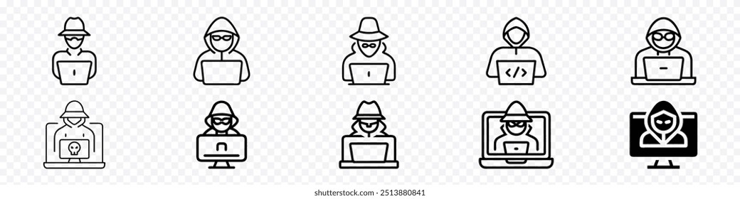 Ícone Hacker. Hacker computador com ícone laptop, Spy agente pesquisando sinal, Hacker Vetor ícones ilustração em estilo diferente, ícone de linha de espionagem digital, 