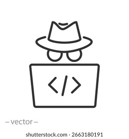 Icono de hacker, invasión cibernética, amenaza de datos personales, símbolo de línea delgada sobre fondo blanco - Ilustración vectorial de trazo editable