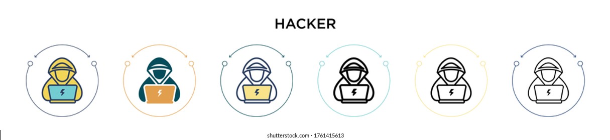 Hacker icon in filled, thin line, outline and stroke style. Vector illustration of two colored and black hacker vector icons designs can be used for mobile, ui, web