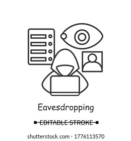 Hacker icon. Hooded person eavesdropping user server login information linear pictogram. Concept of cyber attack technology and private information security. Editable stroke vector illustration