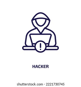 icono de hacker de la colección de seguridad de internet. Ataque lineal delgado, Internet, icono de contorno de seguridad aislado en fondo blanco. Señal de hacker de vector de línea, símbolo para web y móvil
