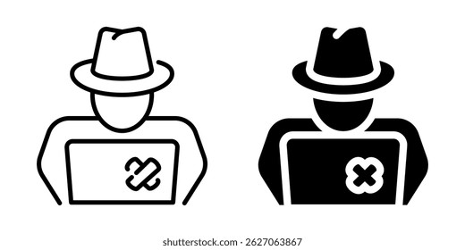 Hacker icon with laptop. Linear and silhouette style.