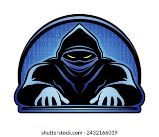 Icono de hacker con portátil sobre fondo blanco.	