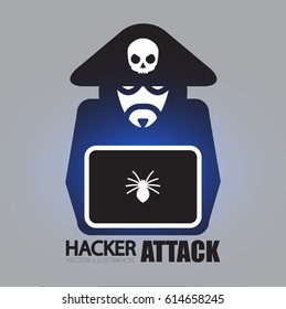 Hacker Icon with Laptop,Pirate with Tricornl and Spider. Content and Video Fraud. Vector illustration