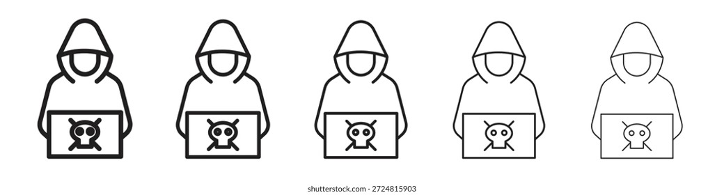 Vectores de símbolos lineales de iconos de hackers. Conjunto de trazos editables