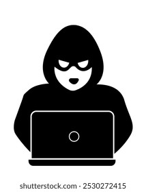 Logotipo de ícone de hacker isolado, Ladrão, Criminal, Ladrão, Golpista, Máscara de ladrão com fendas de olho, símbolos de segurança e fraude isolados, Ícone de ladrão de roubo. Criminoso cibernético com laptop roubando dados pessoais do usuário