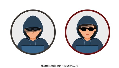 The hacker icon. man in a black hoodie is sitting at a laptop. hacker  in circle Isolated icon on white background. vector illustration in flat design