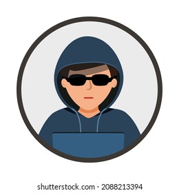 Icono de hacker. hombre con capucha negra sentado en una laptop. hacker en círculo Isolated icon sobre fondo blanco. ilustración vectorial en diseño plano. ladrón cibernético. 