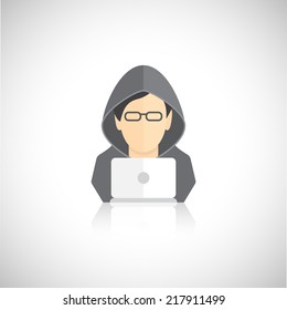 Hacker Icon Man In Hoody With Laptop Flat Isolated On White Background Vector Illustration