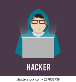 Hacker icon man in hoody with laptop flat isolated on dark background vector illustration