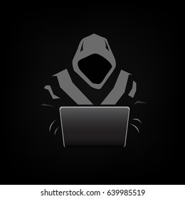 Hacker icon man in hoody with laptop flat isolated on dark background vector illustration