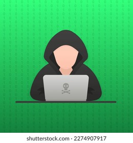 Hacker icon on laptop. Cyber criminal with laptop stealing user personal data. Hacker attack and web security. Internet phishing concept. Creative antivirus concept. Vector illustration