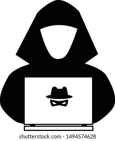 hacker icon on white background. flat style. anonymous spy icon for your web site design, logo, app, UI. spy agent searching on laptop. cyber crime sign. 