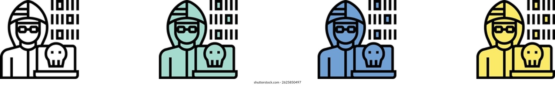 Icono de hacker. Esquema, diseño de estilo verde, azul y amarillo aislado sobre fondo blanco