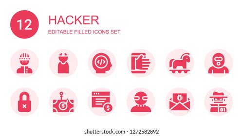 hacker icon set. Collection of 12 filled hacker icons included Burglar, Criminal, Programmer, Hacking, Trojan, Insecure, Phishing, Ransomware, Malware, Hacker