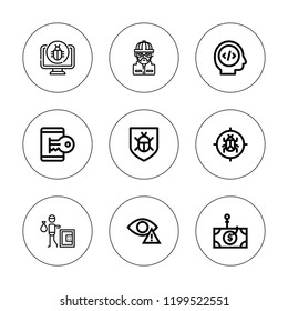 Hacker icon set. collection of 9 outline hacker icons with antivirus, burglar, malware, hacker, phishing, programmer, spy icons. editable icons.