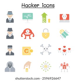 Hacker icon set in flat color style