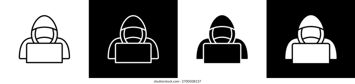 Ícone de hacker definido em estilo de linha e glifo no plano de fundo preto e branco