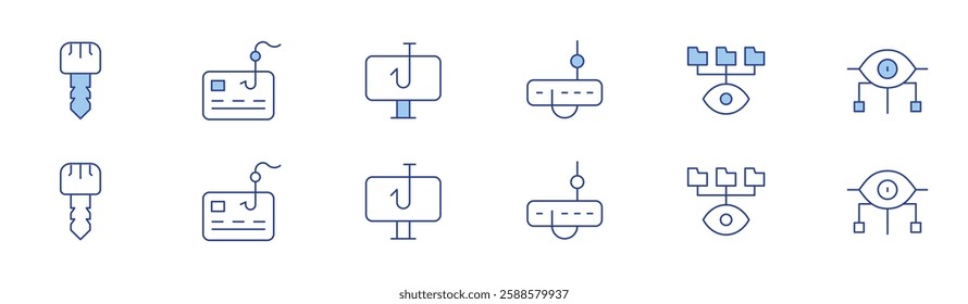 Hacker icon set in two styles, Duotone and Thin Line style. Editable stroke. key, phishing, scam, spy, spyware.