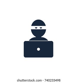 Hacker Icon. The thief site in front of the computer. Hacker in the mask. Flat Vector icon