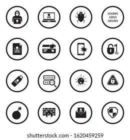 Hacker Icons. Black Flat Design In Circle. Vector Illustration.