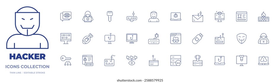 Hacker icons collection. Thin Line icons, editable stroke. algorithm, anonymous, bug, computer, cyber attack, database, firewall, fishing, hacked, hacker, key.