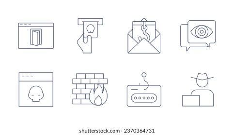 Hacker icons. Editable stroke. Containing backdoor, credit card, cyber attack, firewall, hacker, phishing, spyware.