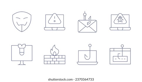 Hacker icons. Editable stroke. Containing anonymous, computer, cyber attack, firewall, phishing.