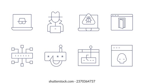 Hacker icons. Editable stroke. Containing hacker, key, spy, thief, backdoor, cyber attack, computer, phishing.