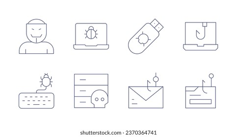 Hacker icons. Editable stroke. Containing anonymous, bug, cyber attack, database, pendrive, phishing.