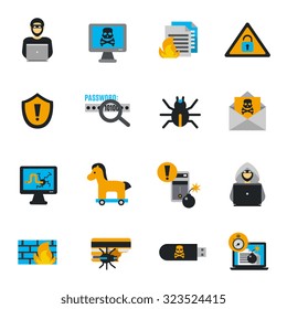 Hacker icons flat set with spam and cyber crimes symbols isolated vector illustration