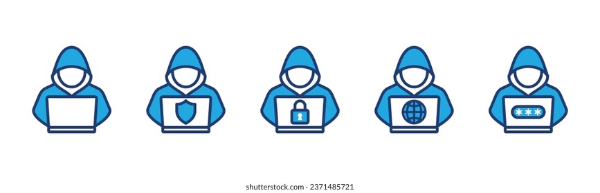 Hacker icons. Internet or cyber security hacker icon. Computer system hacking attack icon symbol. Vector illustration
