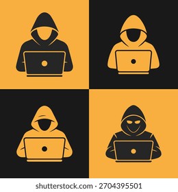 Ícones de hackers com notebooks em um padrão xadrez que representa conceitos de segurança digital e crimes cibernéticos