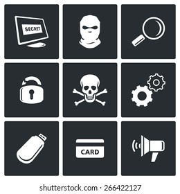 Hacker icons:  search, network, lock, business, flashcard, internet, finance, security, technology, hacking, computer. Vector Illustration.