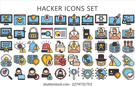 Hacker icons set. contain such as data, security, warning, phishing, computer, anonymous and more. use for modern concept, UI or UX kit, web and app. vector EPS 10 ready convert to SVG.