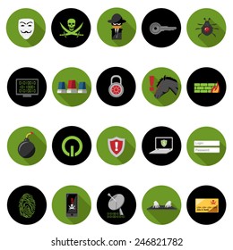 Hacker icons set in flat design with long shadow. Illustration eps10