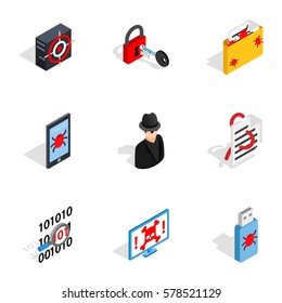 Hacker icons set. Isometric 3d illustration of 9 hacker vector icons for web