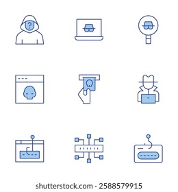 Hacker icons set. Line Duotone style, editable stroke. credit card, cyber attack, hacker, key, phishing, spy.