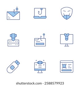 Hacker icons set. Line Duotone style, editable stroke. anonymous, cyber attack, hacked, pendrive, phishing, server, spyware.