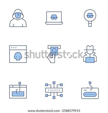 Hacker icons set. Line Duotone style, editable stroke. credit card, cyber attack, hacker, key, phishing, spy.