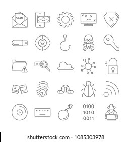 Hacker icons set. Line illustrations on white.
