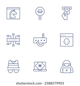 Hacker icons set. Thin Line style, editable stroke. credit card, cyber attack, hacker, infected, key, thief, trojan horse.
