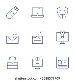 Hacker icons set. Thin Line style, editable stroke. anonymous, cyber attack, hacked, pendrive, phishing, server, spyware.