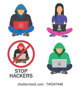 Hacker icons.Hacker with laptop, hacking the Internet