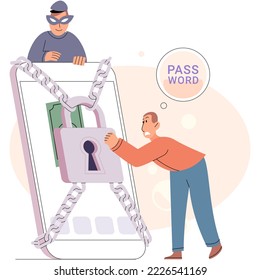 Hacker identity theft, internet fraud concept. Crime, spam, spyware that unlocks computer and phone security. Can access account code. phishing account, steal data, cyber attack. Stealing password