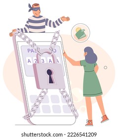 Hacker identity theft, internet fraud concept. Crime, spam, spyware that unlocks computer and phone security. Can access account code. phishing account, steal data, cyber attack. Stealing password