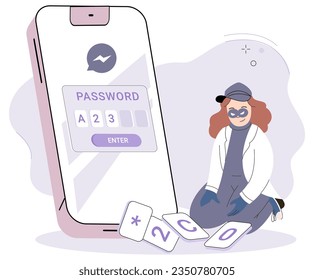 Hacker identity theft, internet fraud concept. Crime, spam, spyware that unlocks smartphone security. Stealing password. Cyber crime, theft personal information in account, cyber security, spy access