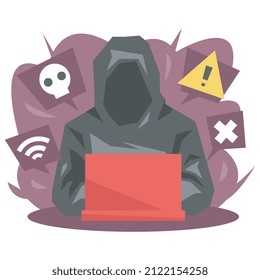 Hacker illustration. the guy in the black sweater. using a laptop. features warning, skull, signal, danger icons. technology theme concept, work, virus, hacking etc. flat vector style