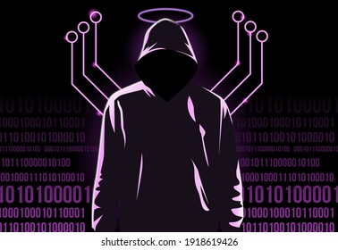 hacker illustration. Kind hacker with angel ring